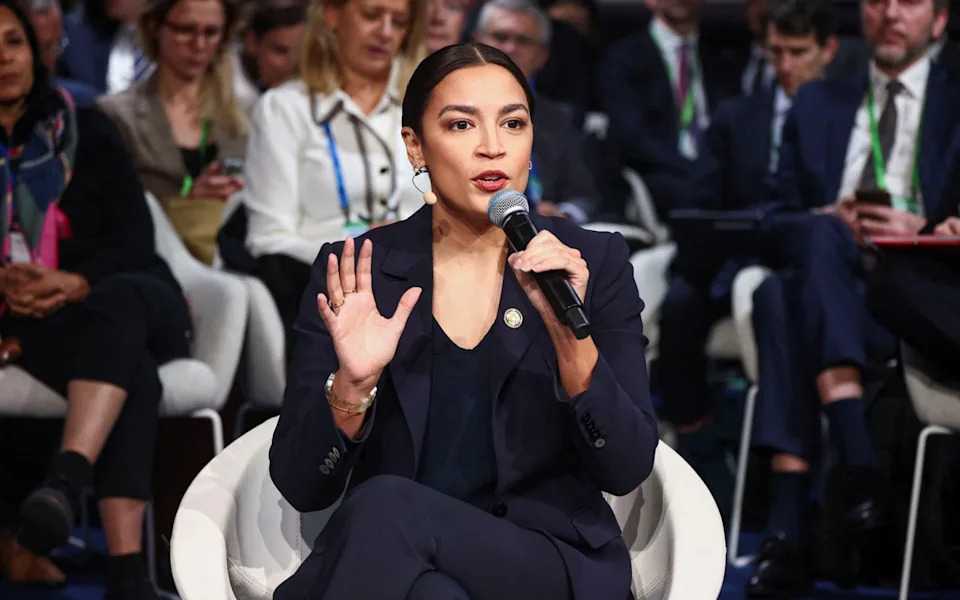 Alexandria Ocasio-Cortez speaking in Chicago about 2028 presidential ambitions